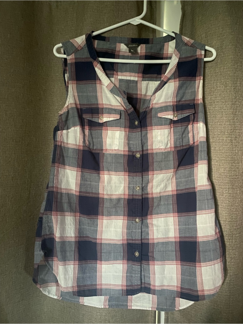 Eddie Bauer Sleeveless Plaid Button-Front Shell in Navy, White & Red
